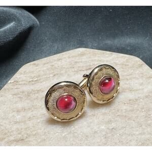 Vintage 1960s Red Cabochon Cufflinks Gold Tone Round Textured Mens Mad Men MCM